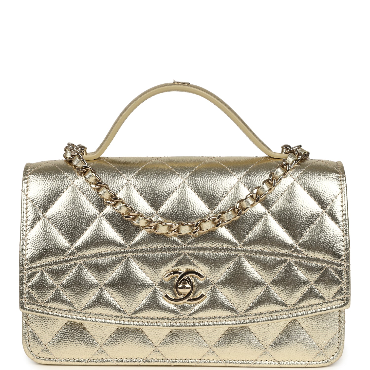 Chanel Trendy Top Handle Wallet On Chain WOC Metallic Gold Shiny Caviar Light Gold Hardware