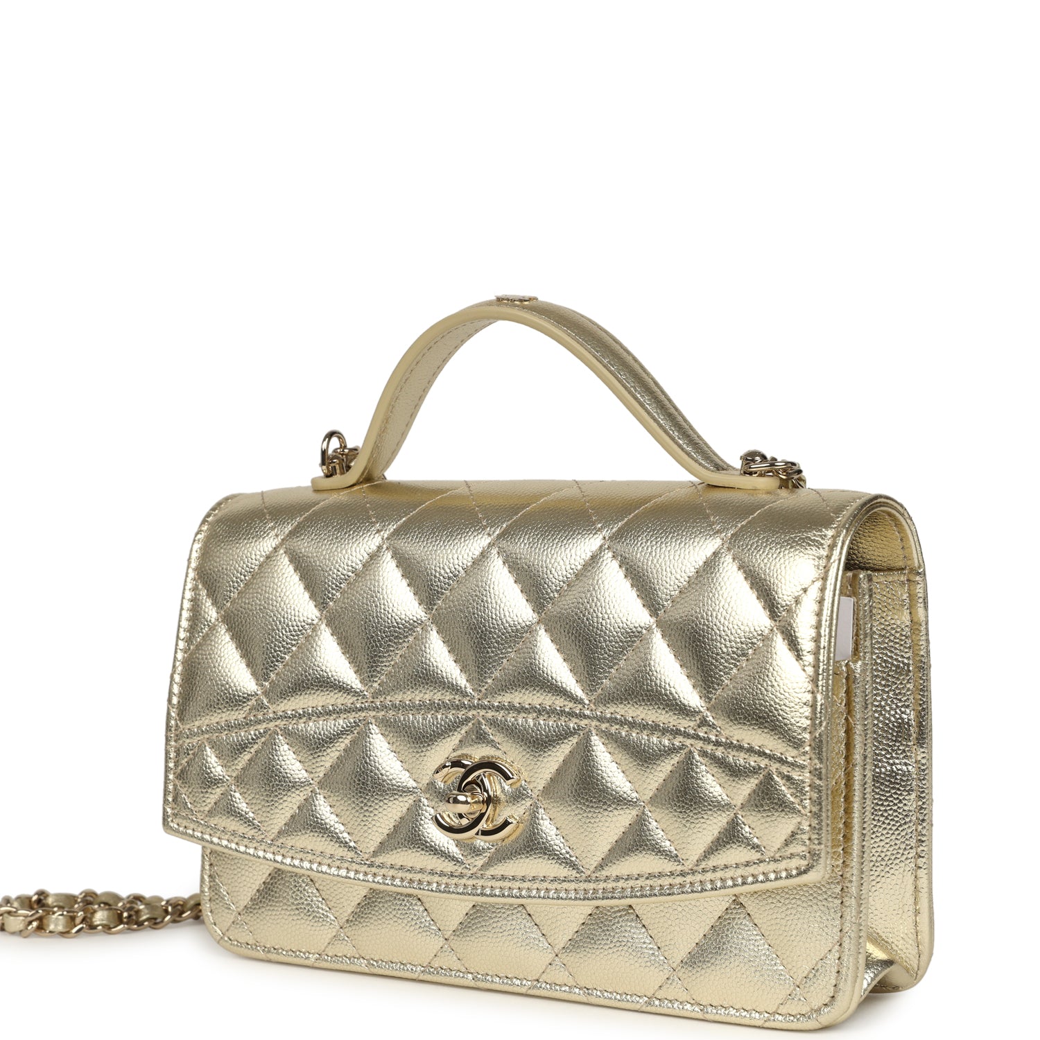 Chanel Trendy Top Handle Wallet On Chain WOC Metallic Gold Shiny Caviar Light Gold Hardware