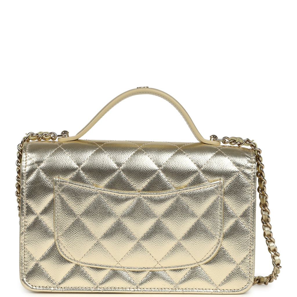 Chanel Trendy Top Handle Wallet On Chain WOC Metallic Gold Shiny Caviar Light Gold Hardware