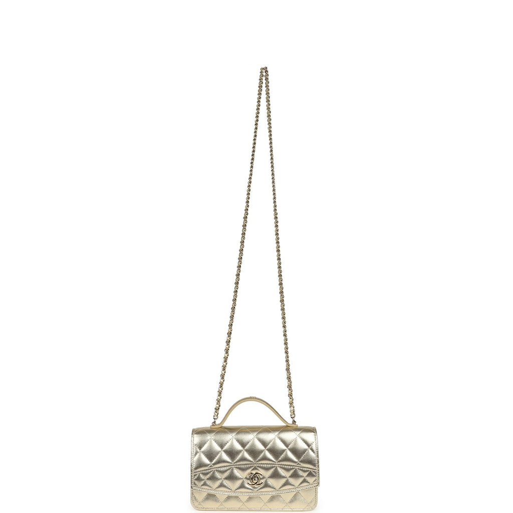 Chanel Trendy Top Handle Wallet On Chain WOC Metallic Gold Shiny Caviar Light Gold Hardware