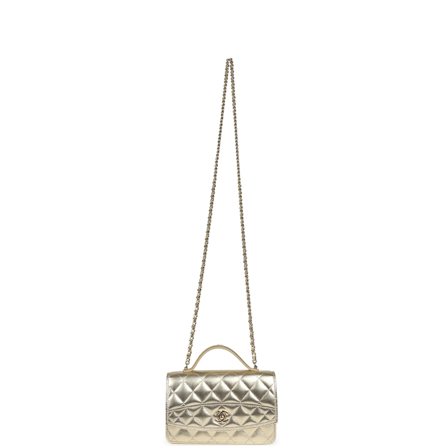 Chanel Trendy Top Handle Wallet On Chain WOC Metallic Gold Shiny Caviar Light Gold Hardware