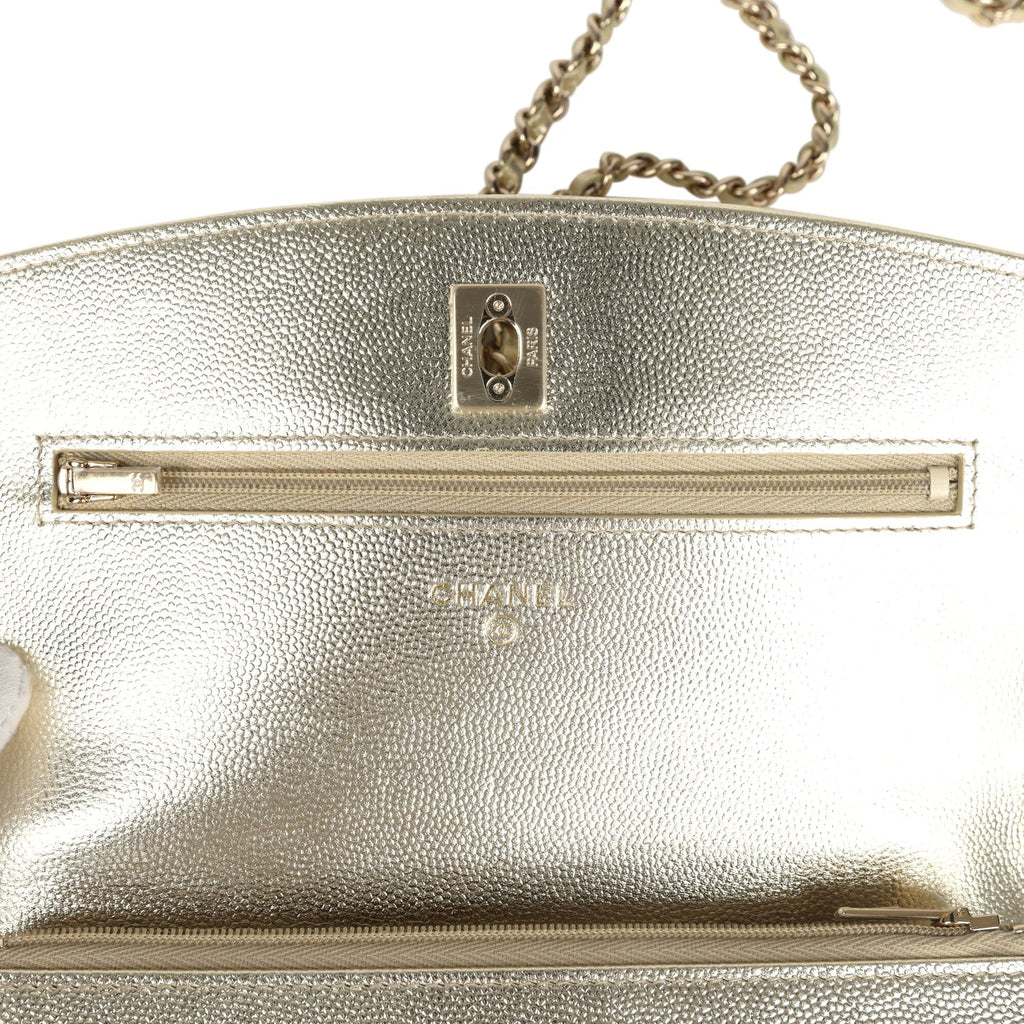 Chanel Trendy Top Handle Wallet On Chain WOC Metallic Gold Shiny Caviar Light Gold Hardware