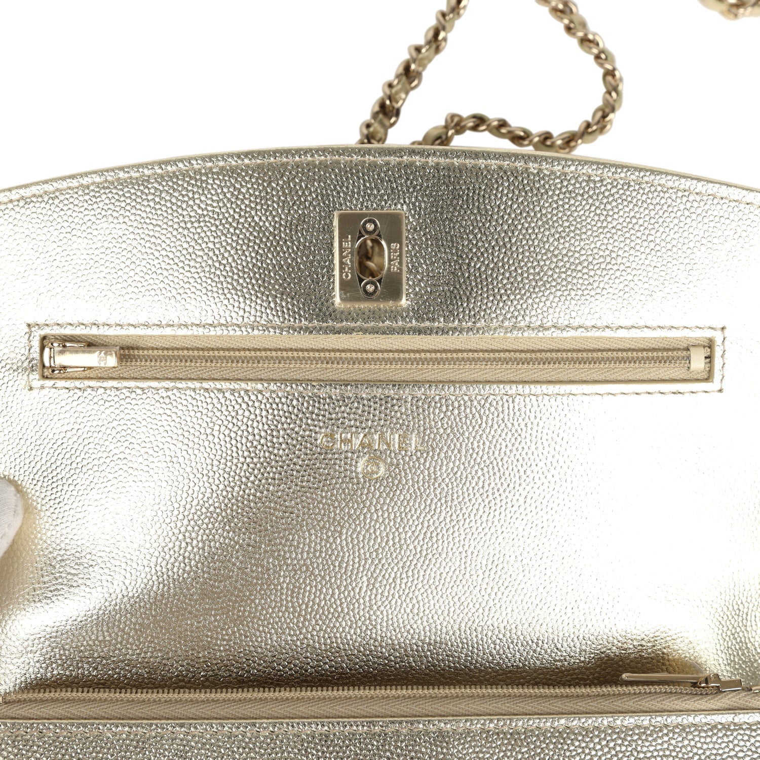 Chanel Trendy Top Handle Wallet On Chain WOC Metallic Gold Shiny Caviar Light Gold Hardware