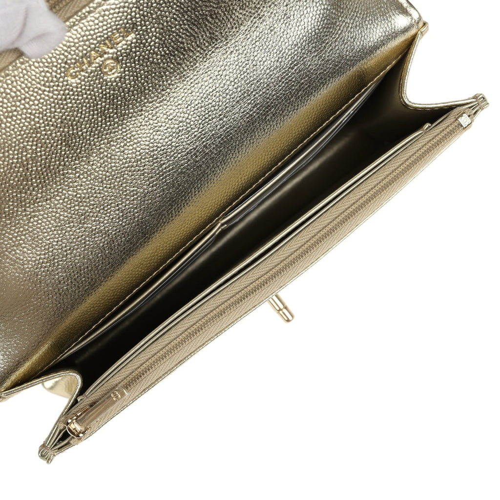 Chanel Trendy Top Handle Wallet On Chain WOC Metallic Gold Shiny Caviar Light Gold Hardware