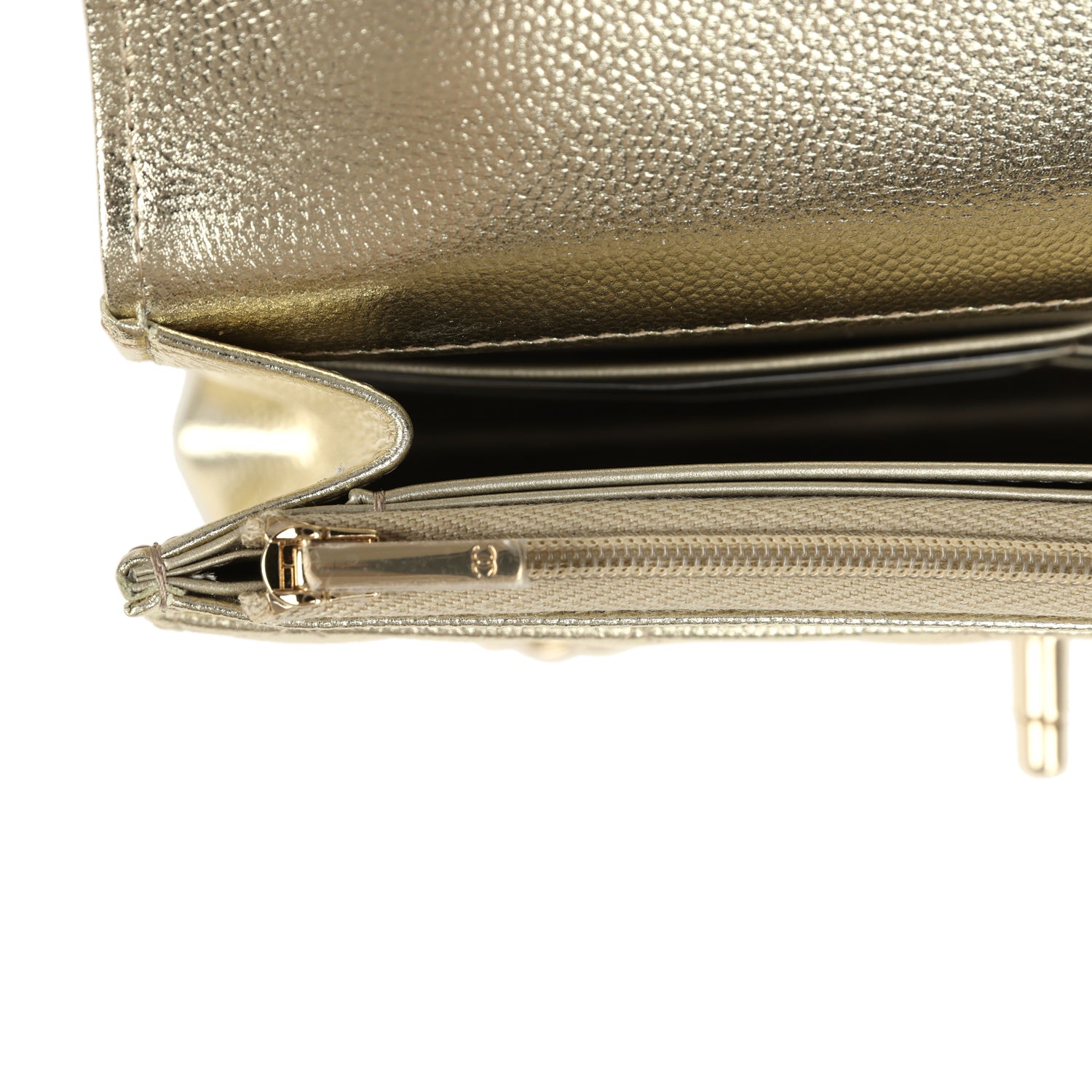 Chanel Trendy Top Handle Wallet On Chain WOC Metallic Gold Shiny Caviar Light Gold Hardware