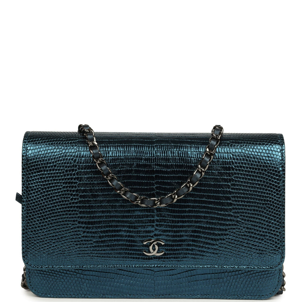 Chanel Wallet On Chain WOC Metallic Blue Lizard Ruthenium Hardware