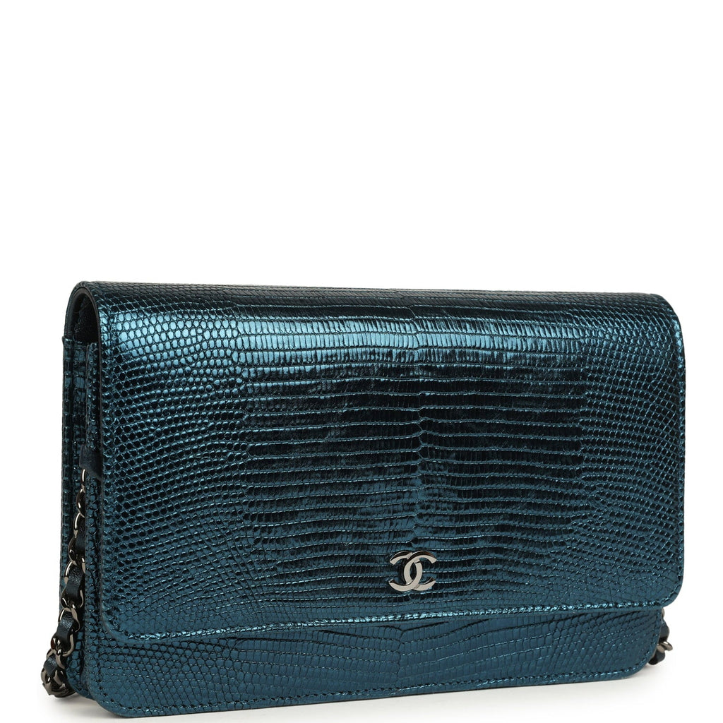 Chanel Wallet On Chain WOC Metallic Blue Lizard Ruthenium Hardware
