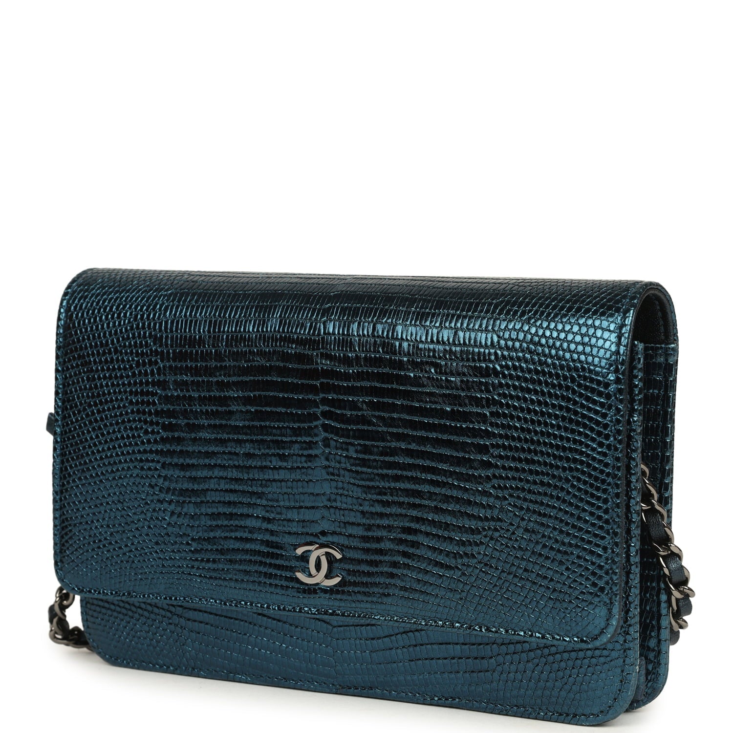 Chanel Wallet On Chain WOC Metallic Blue Lizard Ruthenium Hardware