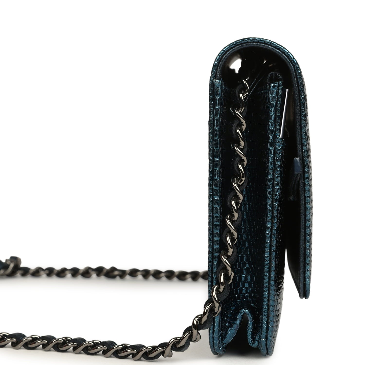 Chanel Wallet On Chain WOC Metallic Blue Lizard Ruthenium Hardware