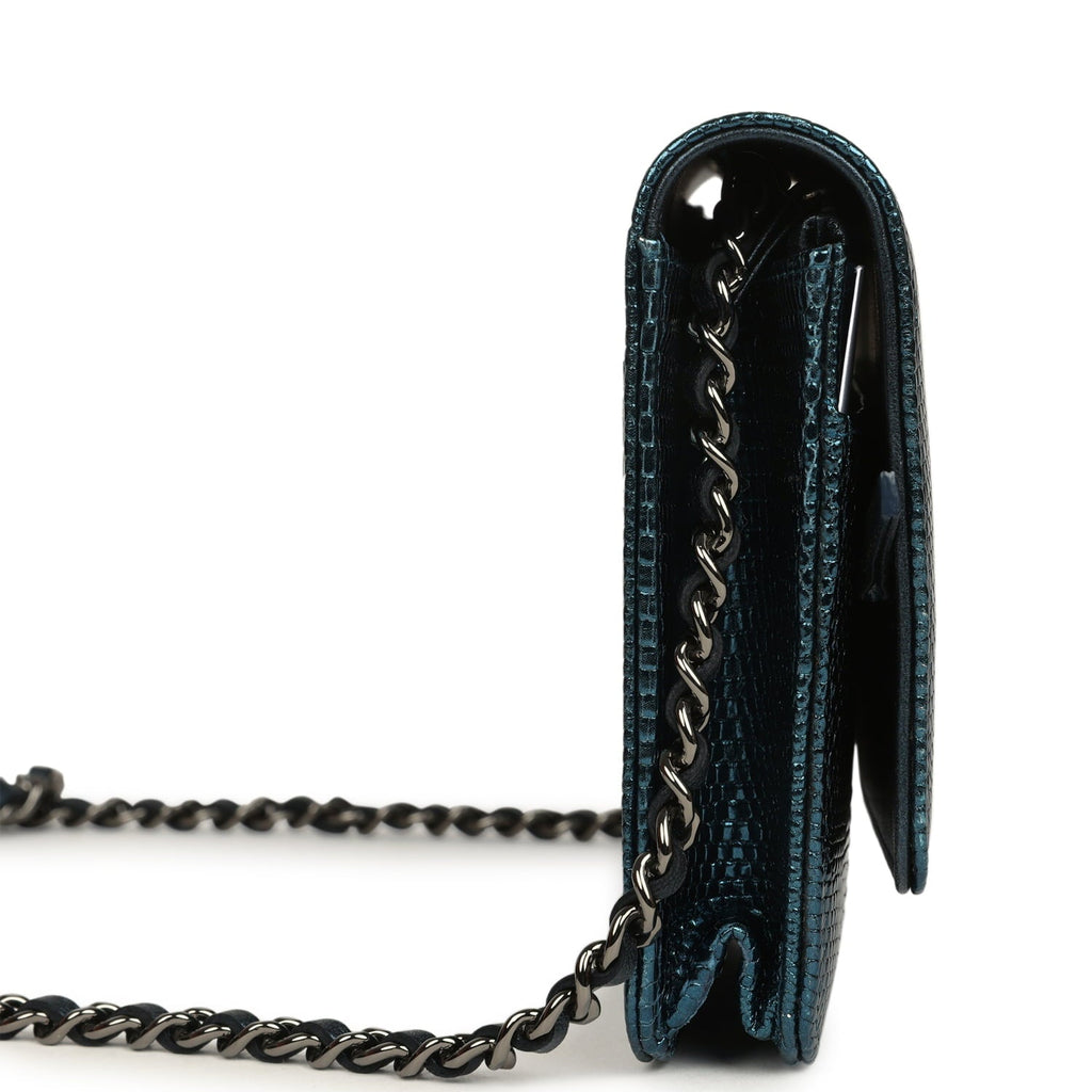 Chanel Wallet On Chain WOC Metallic Blue Lizard Ruthenium Hardware
