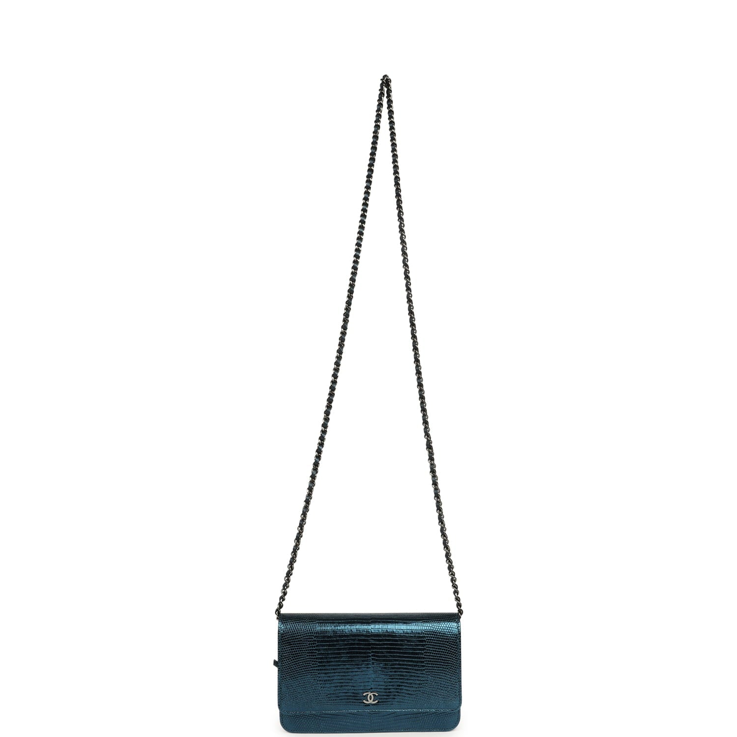 Chanel Wallet On Chain WOC Metallic Blue Lizard Ruthenium Hardware