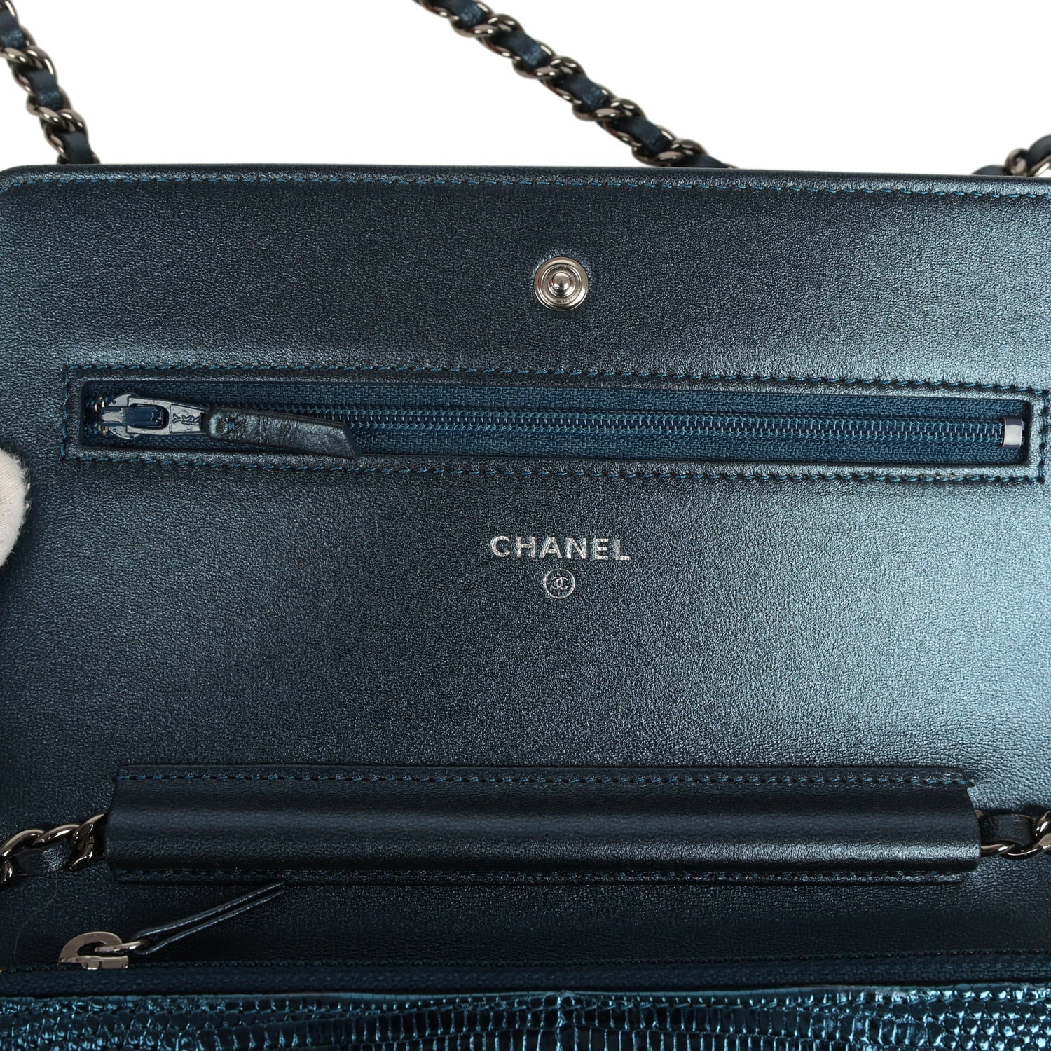 Chanel Wallet On Chain WOC Metallic Blue Lizard Ruthenium Hardware