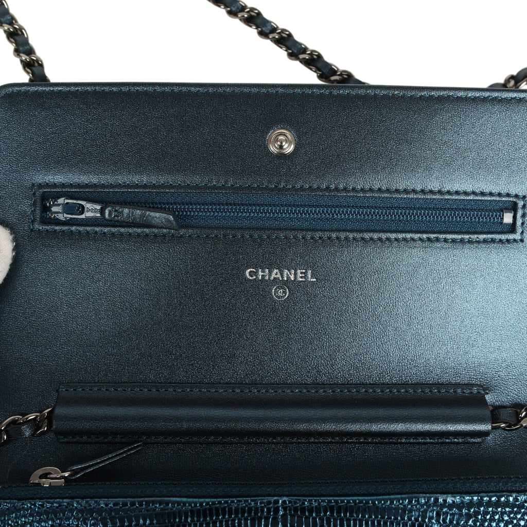 Chanel Wallet On Chain WOC Metallic Blue Lizard Ruthenium Hardware