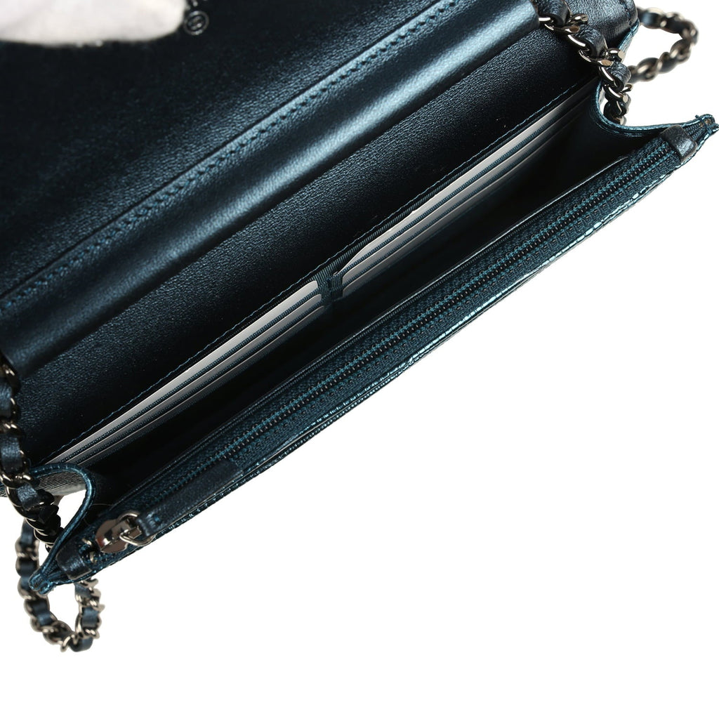 Chanel Wallet On Chain WOC Metallic Blue Lizard Ruthenium Hardware