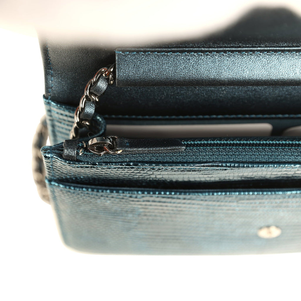 Chanel Wallet On Chain WOC Metallic Blue Lizard Ruthenium Hardware