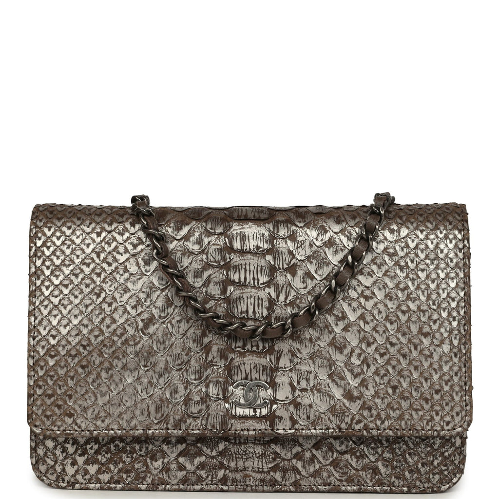 Chanel Wallet On Chain WOC Silver and Brown Aged Python Antique Silver Hardware