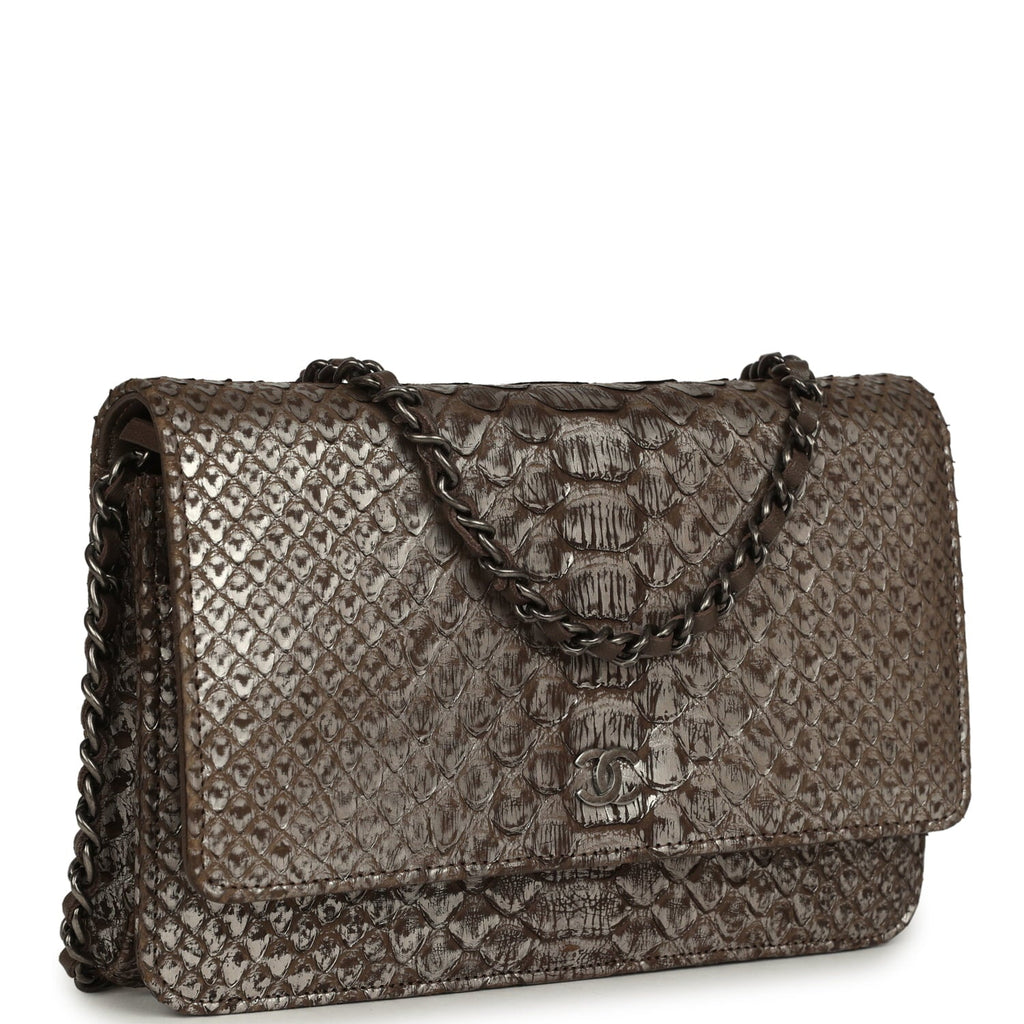 Chanel Wallet On Chain WOC Silver and Brown Aged Python Antique Silver Hardware