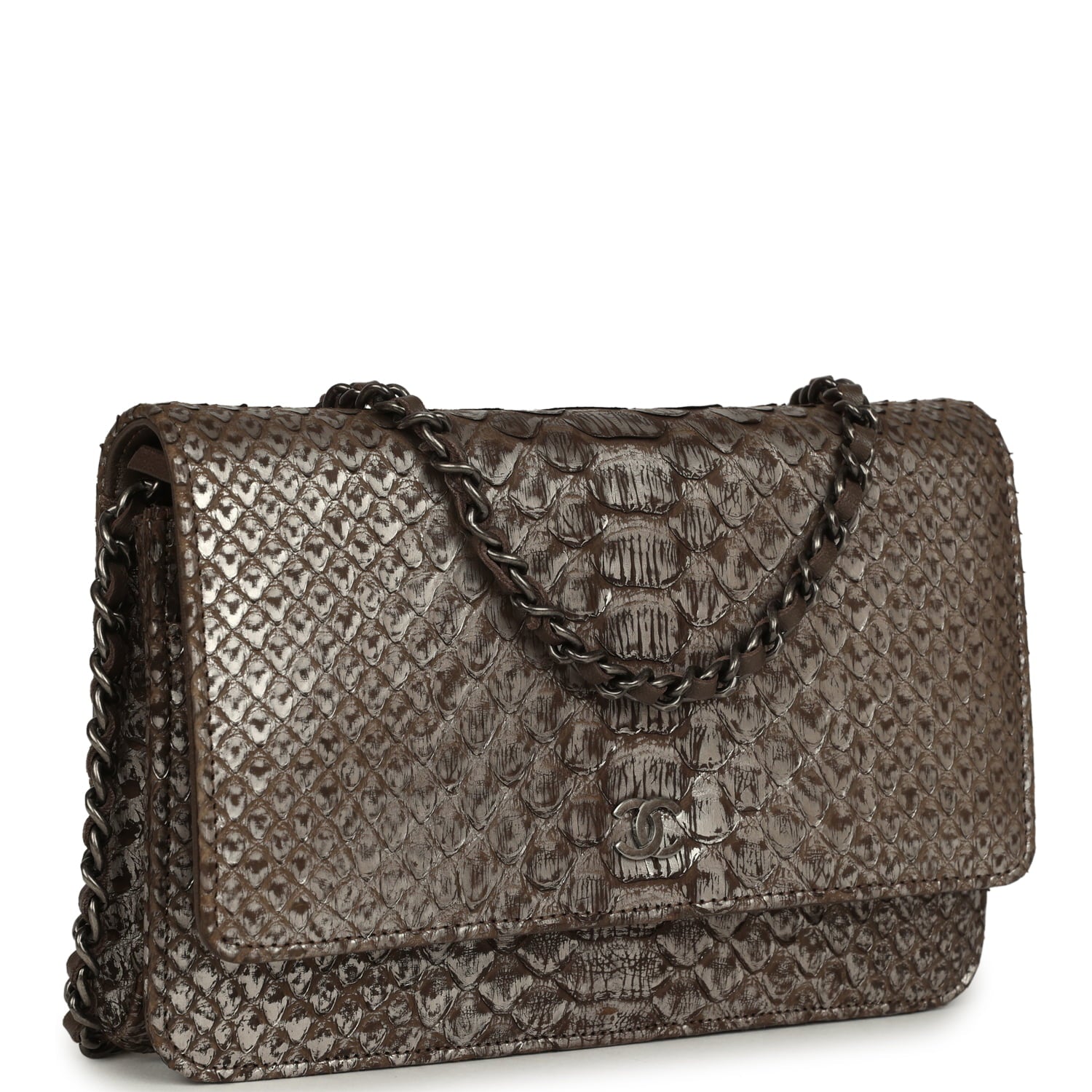 Chanel Wallet On Chain WOC Silver and Brown Aged Python Antique Silver Hardware