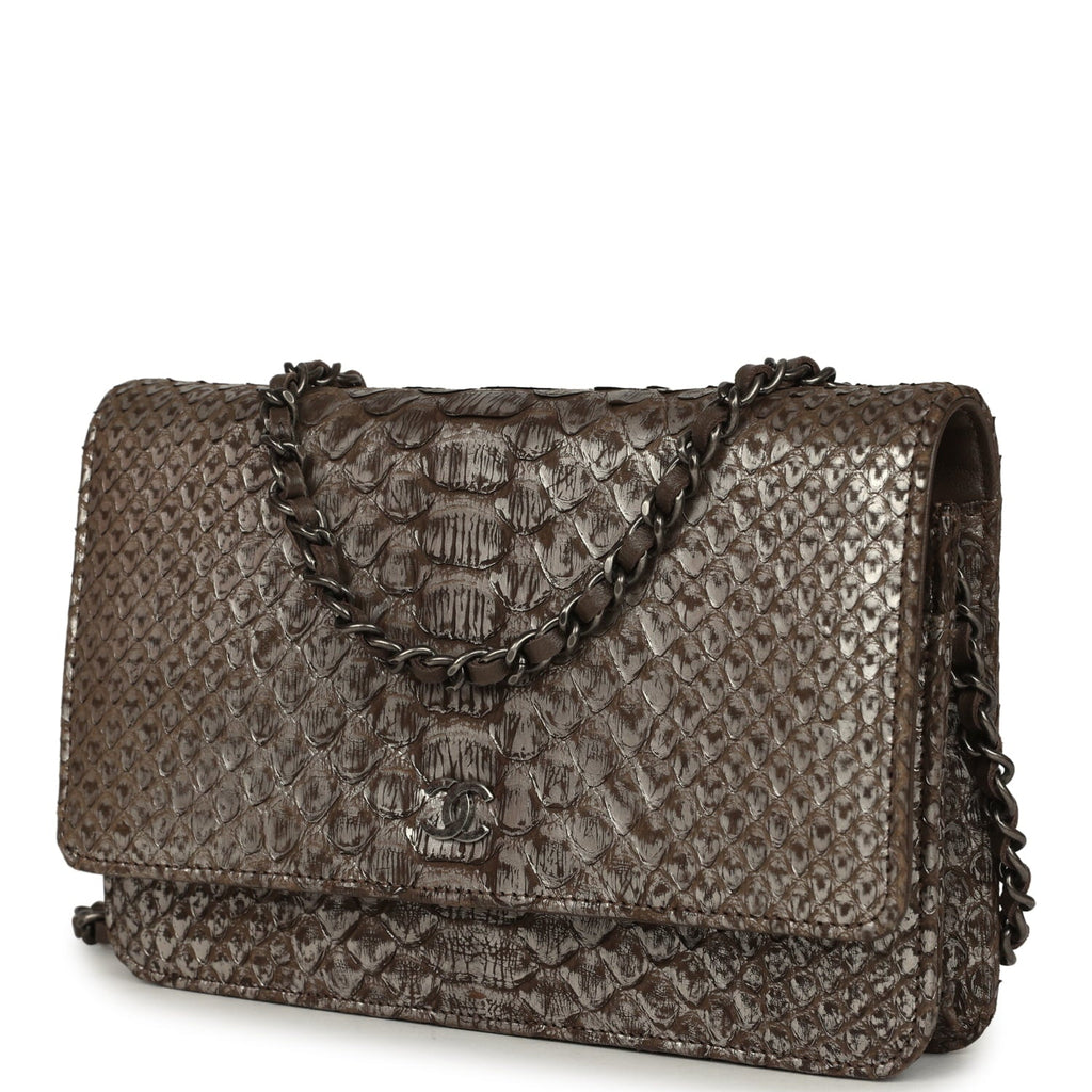 Chanel Wallet On Chain WOC Silver and Brown Aged Python Antique Silver Hardware
