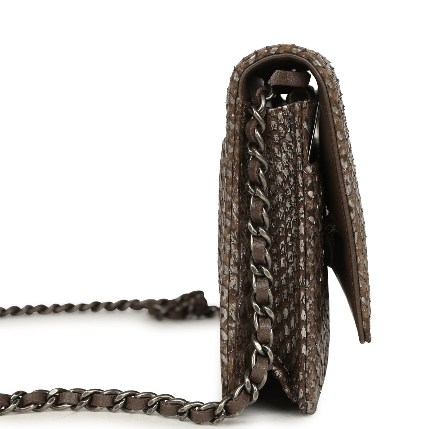 Chanel Wallet On Chain WOC Silver and Brown Aged Python Antique Silver Hardware