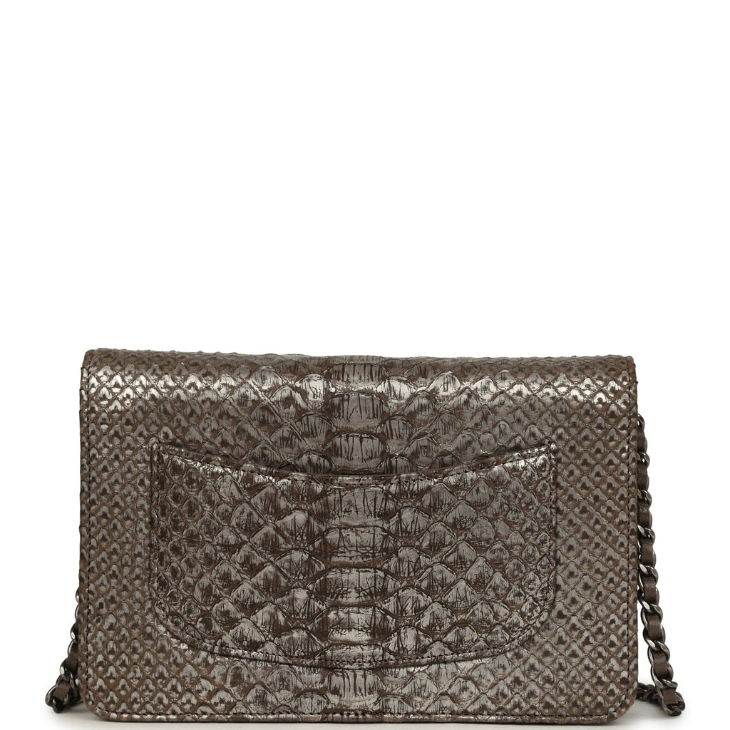 Chanel Wallet On Chain WOC Silver and Brown Aged Python Antique Silver Hardware