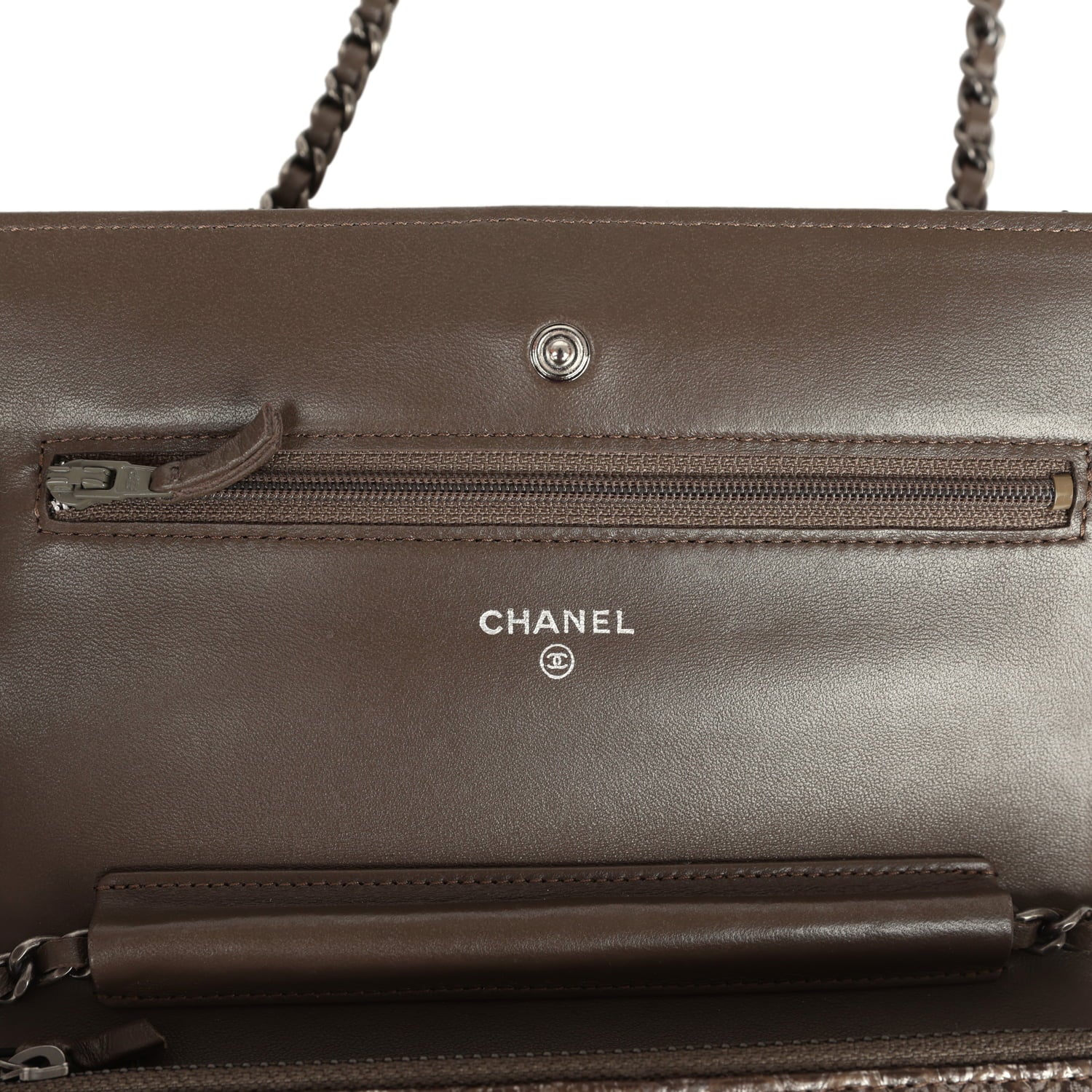 Chanel Wallet On Chain WOC Silver and Brown Aged Python Antique Silver Hardware
