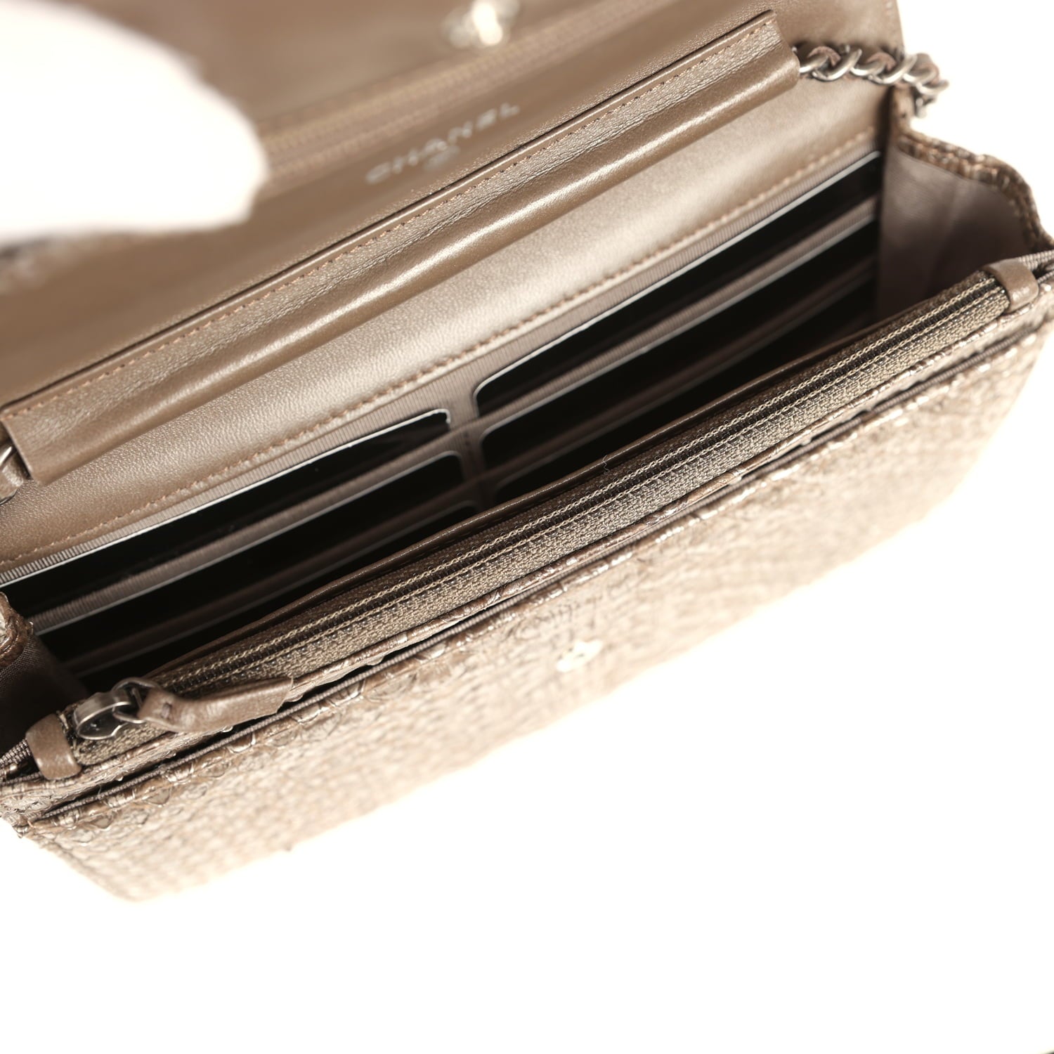 Chanel Wallet On Chain WOC Silver and Brown Aged Python Antique Silver Hardware