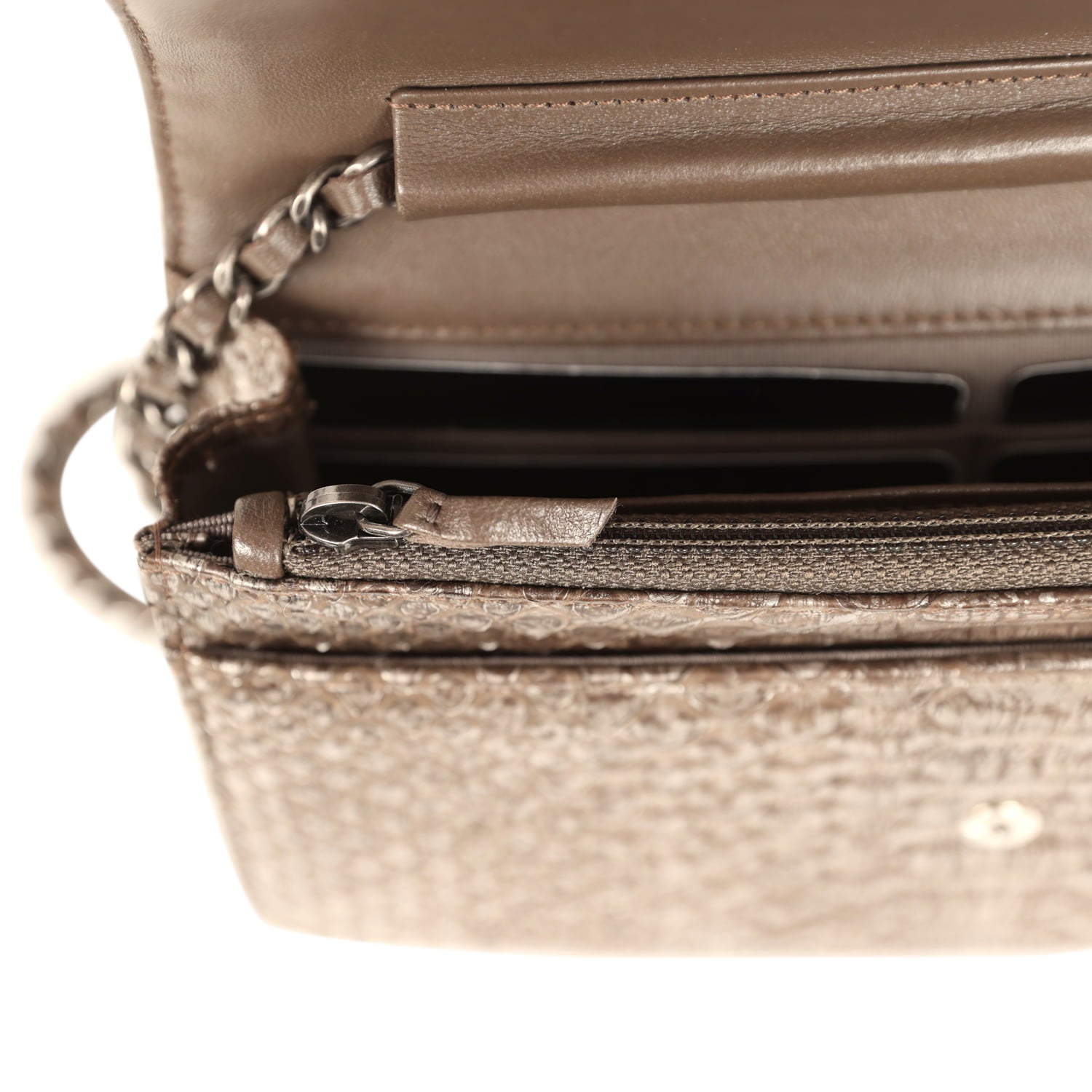 Chanel Wallet On Chain WOC Silver and Brown Aged Python Antique Silver Hardware