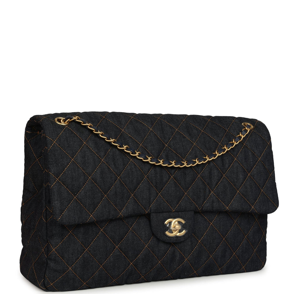 Chanel XXL Classic Single Travel Flap Bag Dark Blue Denim Brushed Gold Hardware