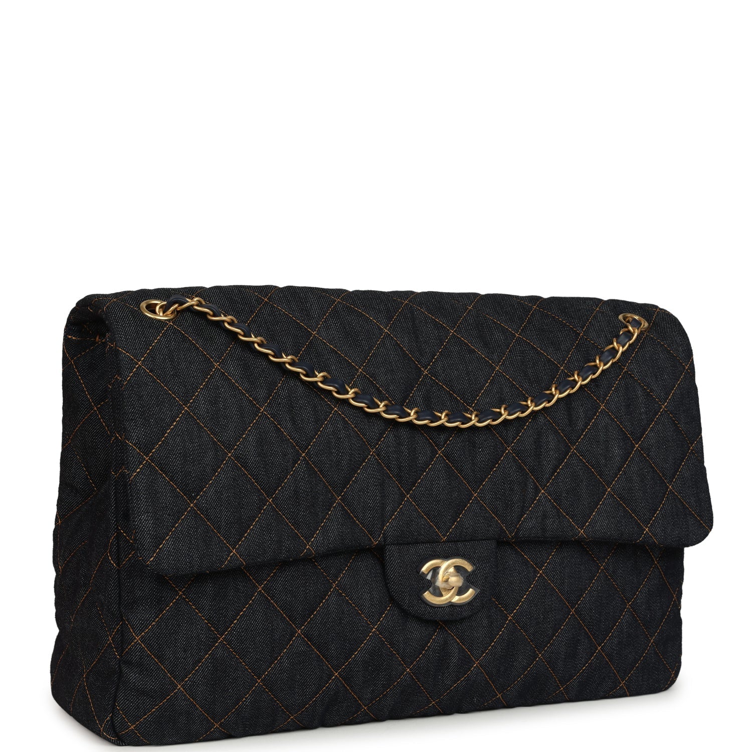 Chanel XXL Classic Single Travel Flap Bag Dark Blue Denim Brushed Gold Hardware