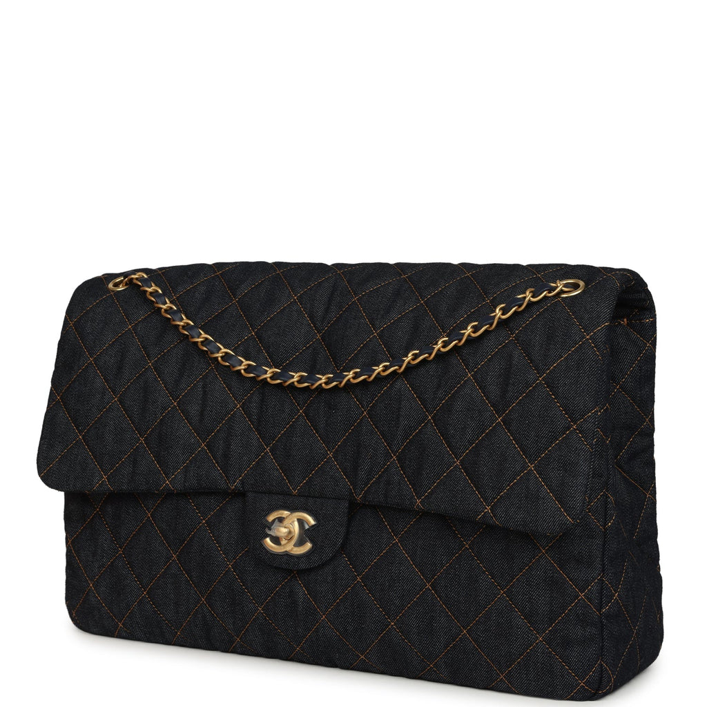 Chanel XXL Classic Single Travel Flap Bag Dark Blue Denim Brushed Gold Hardware