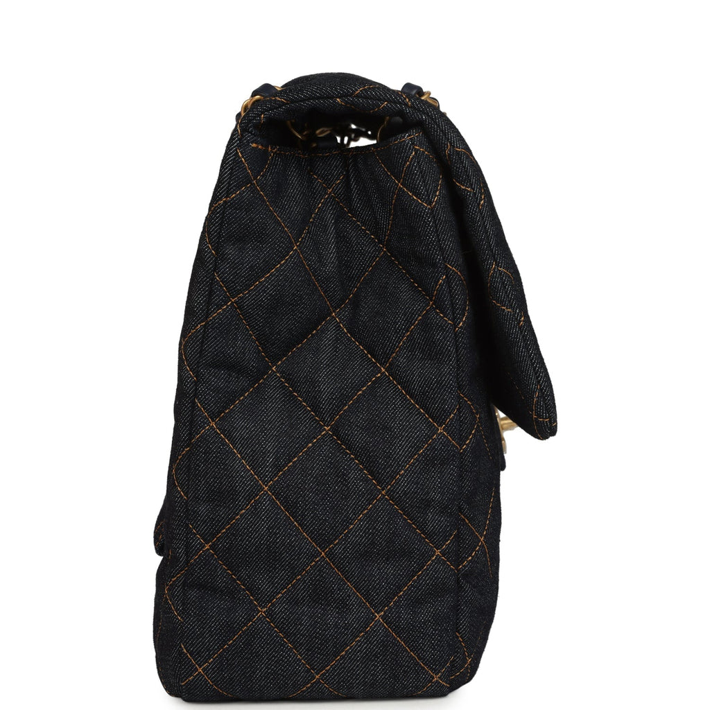 Chanel XXL Classic Single Travel Flap Bag Dark Blue Denim Brushed Gold Hardware