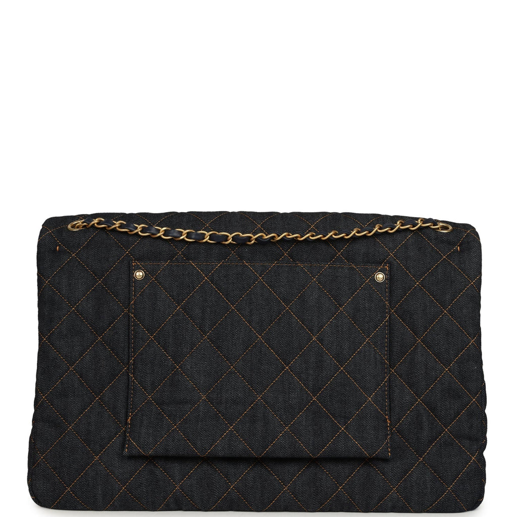 Chanel XXL Classic Single Travel Flap Bag Dark Blue Denim Brushed Gold Hardware