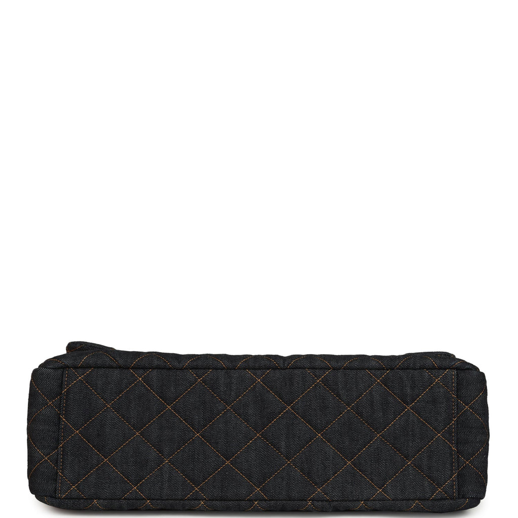 Chanel XXL Classic Single Travel Flap Bag Dark Blue Denim Brushed Gold Hardware