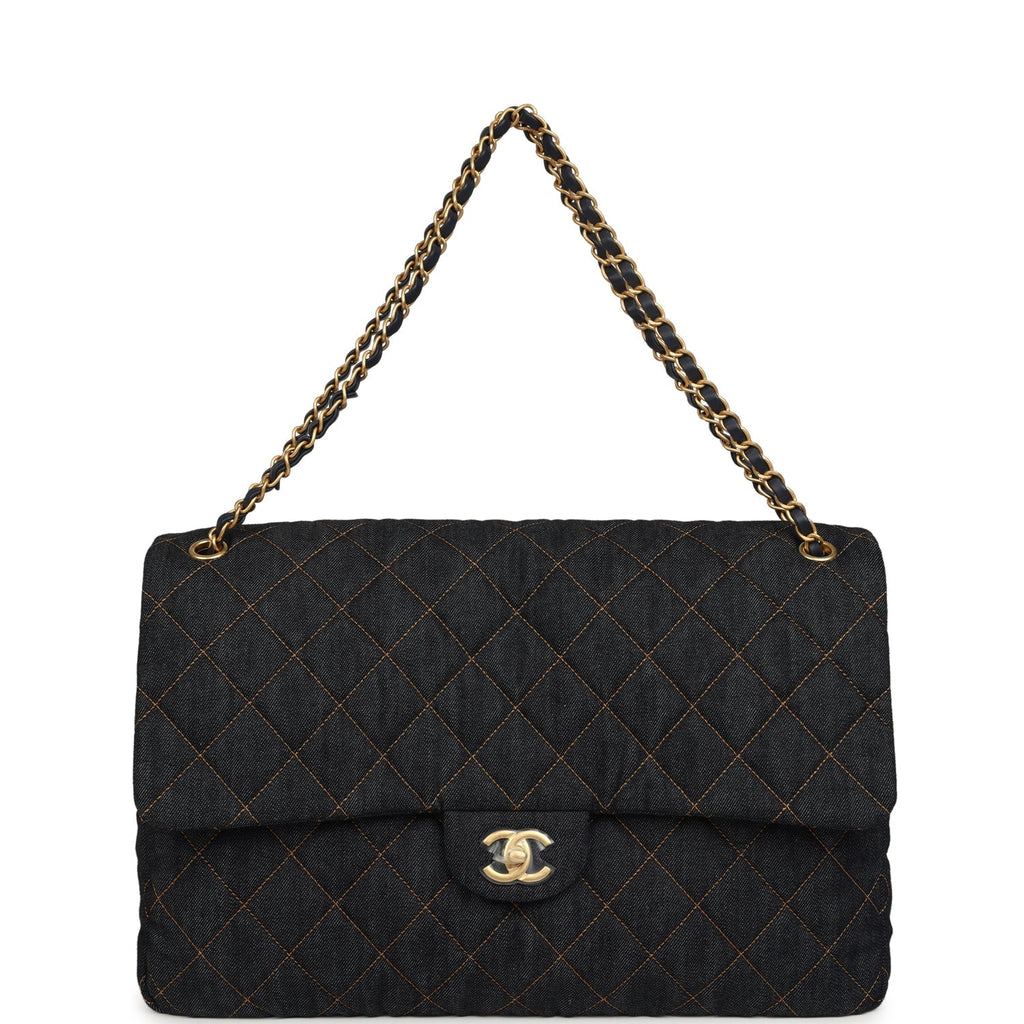 Chanel XXL Classic Single Travel Flap Bag Dark Blue Denim Brushed Gold Hardware