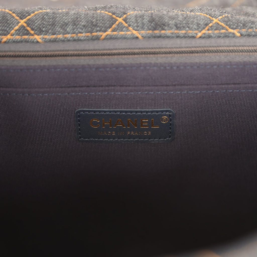 Chanel XXL Classic Single Travel Flap Bag Dark Blue Denim Brushed Gold Hardware