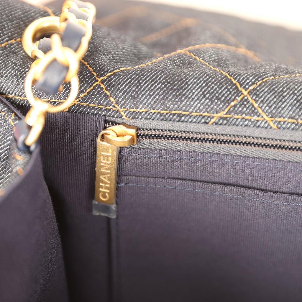 Chanel XXL Classic Single Travel Flap Bag Dark Blue Denim Brushed Gold Hardware