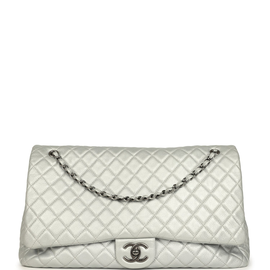 Chanel XXL Classic Single Flap Bag Silver Metallic Calfskin Aged Ruthenium Hardware