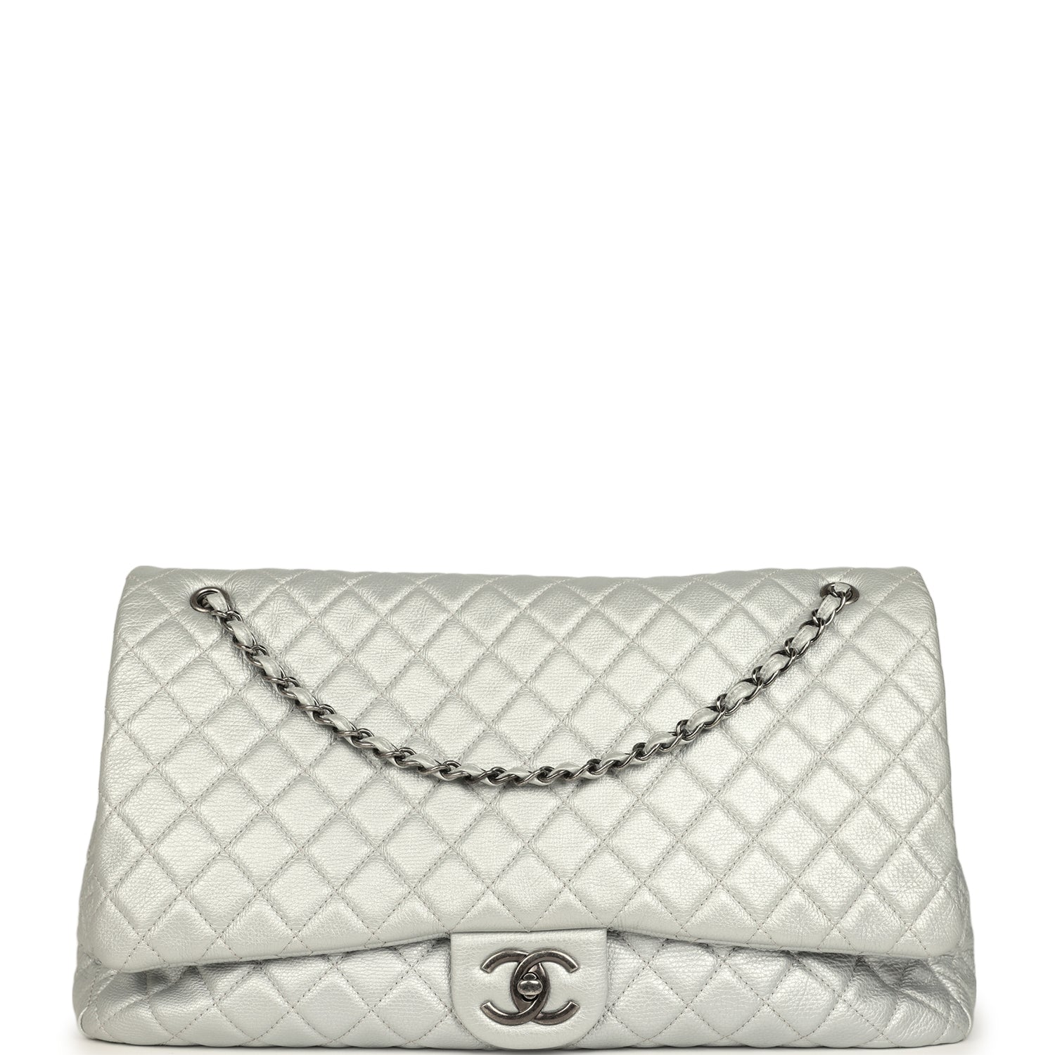 Chanel XXL Classic Single Flap Bag Silver Metallic Calfskin Aged Ruthenium Hardware