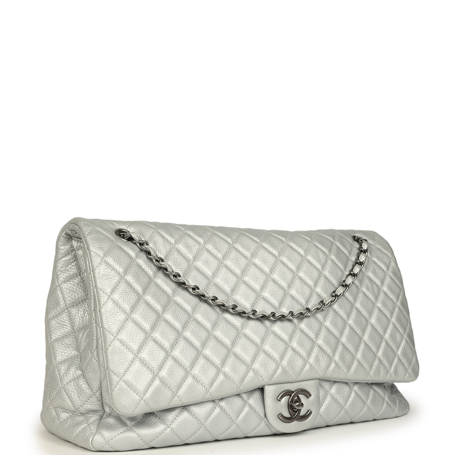 Chanel XXL Classic Single Flap Bag Silver Metallic Calfskin Aged Ruthenium Hardware