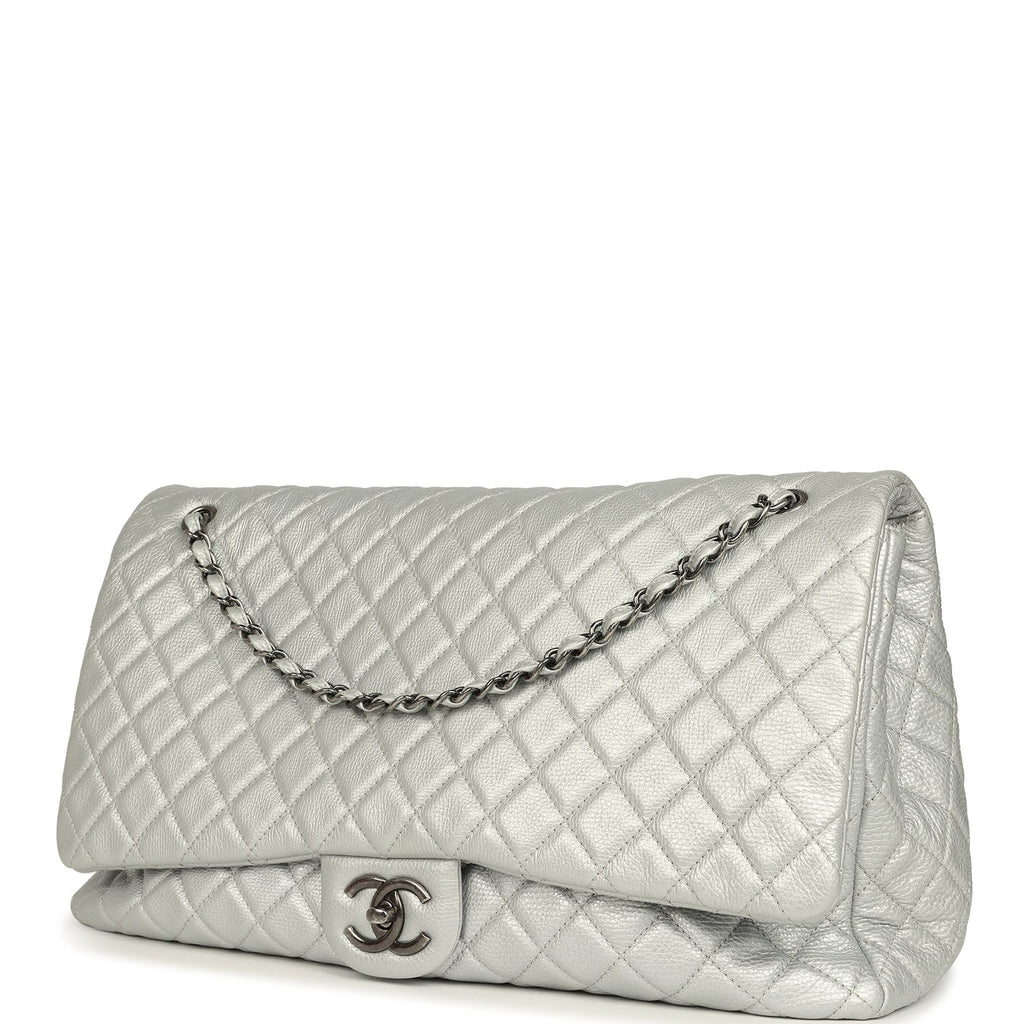 Chanel XXL Classic Single Flap Bag Silver Metallic Calfskin Aged Ruthenium Hardware