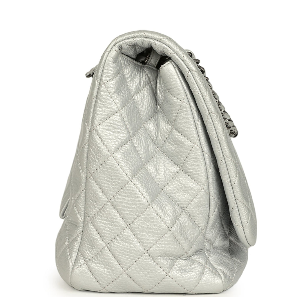 Chanel XXL Classic Single Flap Bag Silver Metallic Calfskin Aged Ruthenium Hardware