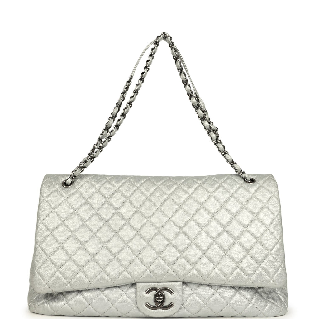 Chanel XXL Classic Single Flap Bag Silver Metallic Calfskin Aged Ruthenium Hardware