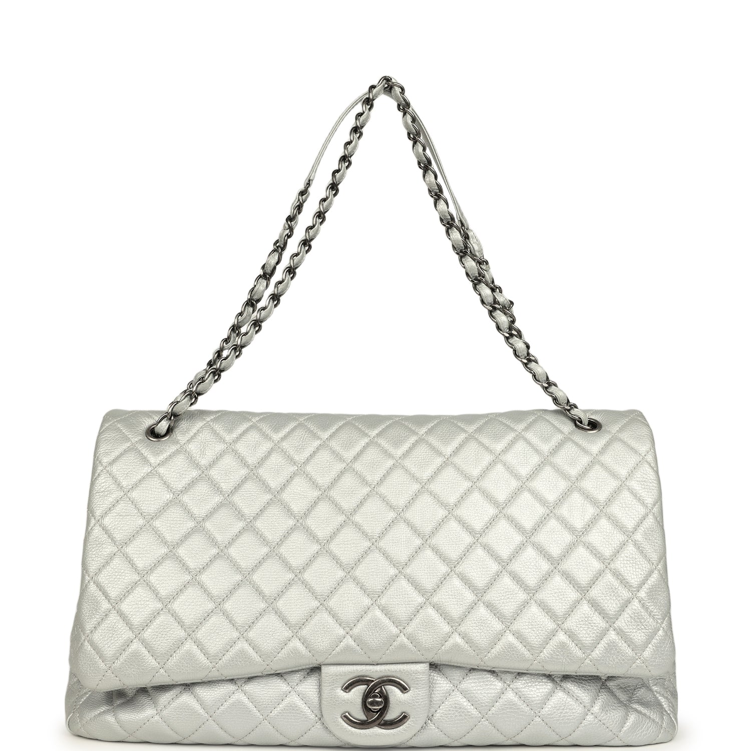 Chanel XXL Classic Single Flap Bag Silver Metallic Calfskin Aged Ruthenium Hardware