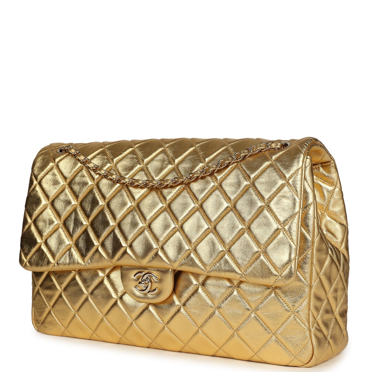 Chanel XXL Classic Single Flap Bag Gold Metallic Lambskin Light Gold Hardware