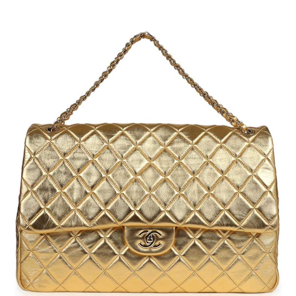Chanel XXL Classic Single Flap Bag Gold Metallic Lambskin Light Gold Hardware
