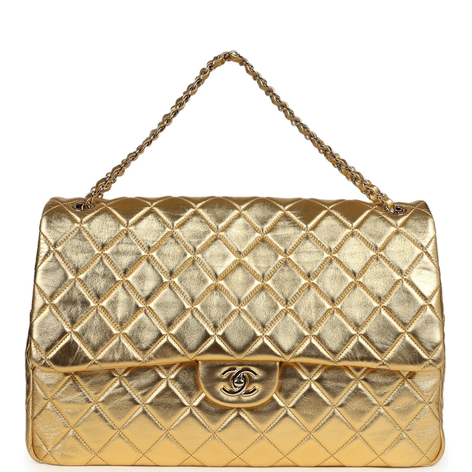 Chanel XXL Classic Single Flap Bag Gold Metallic Lambskin Light Gold Hardware