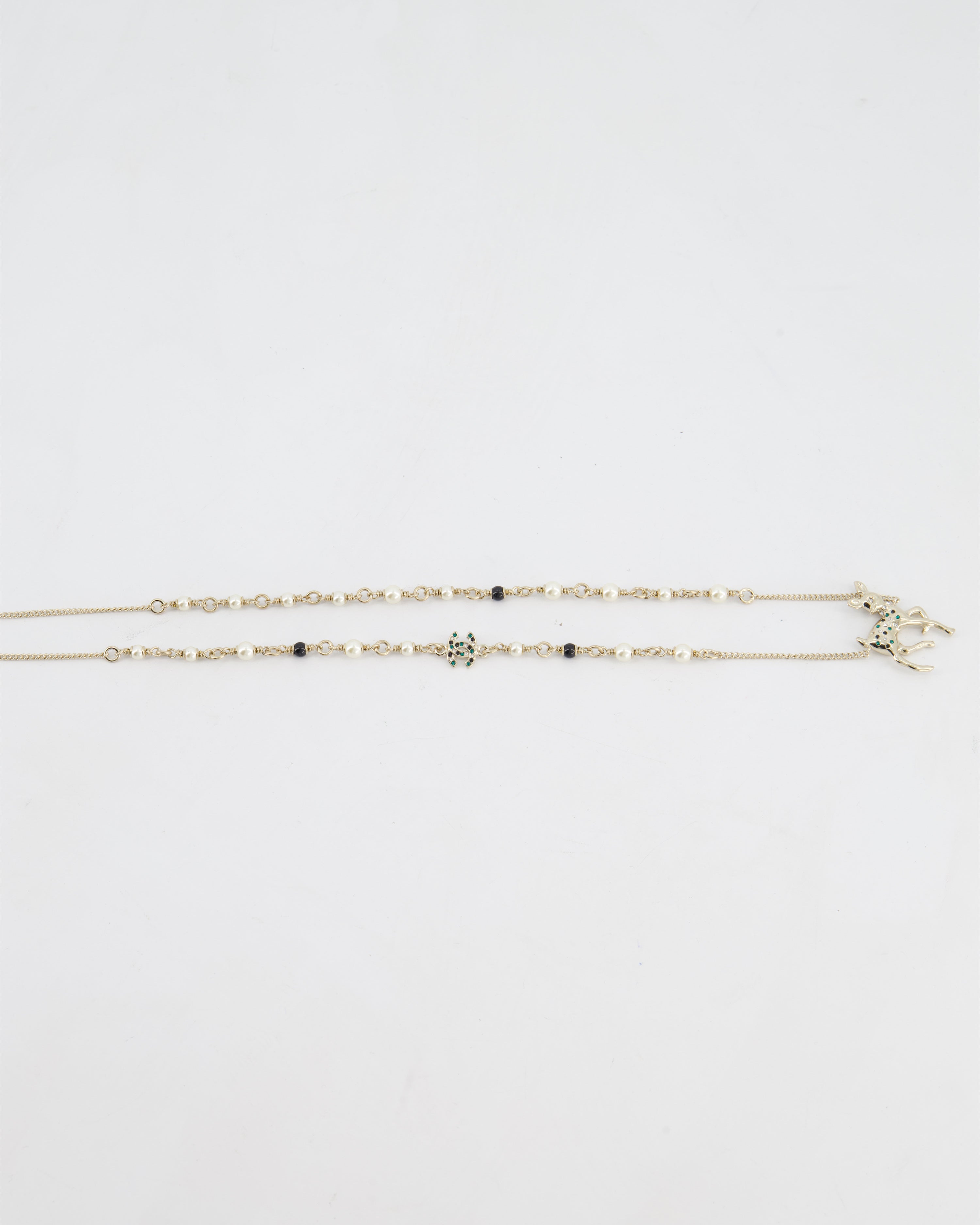 Chanel Champagne Gold CC Pearl Necklace with Bambi Pendant