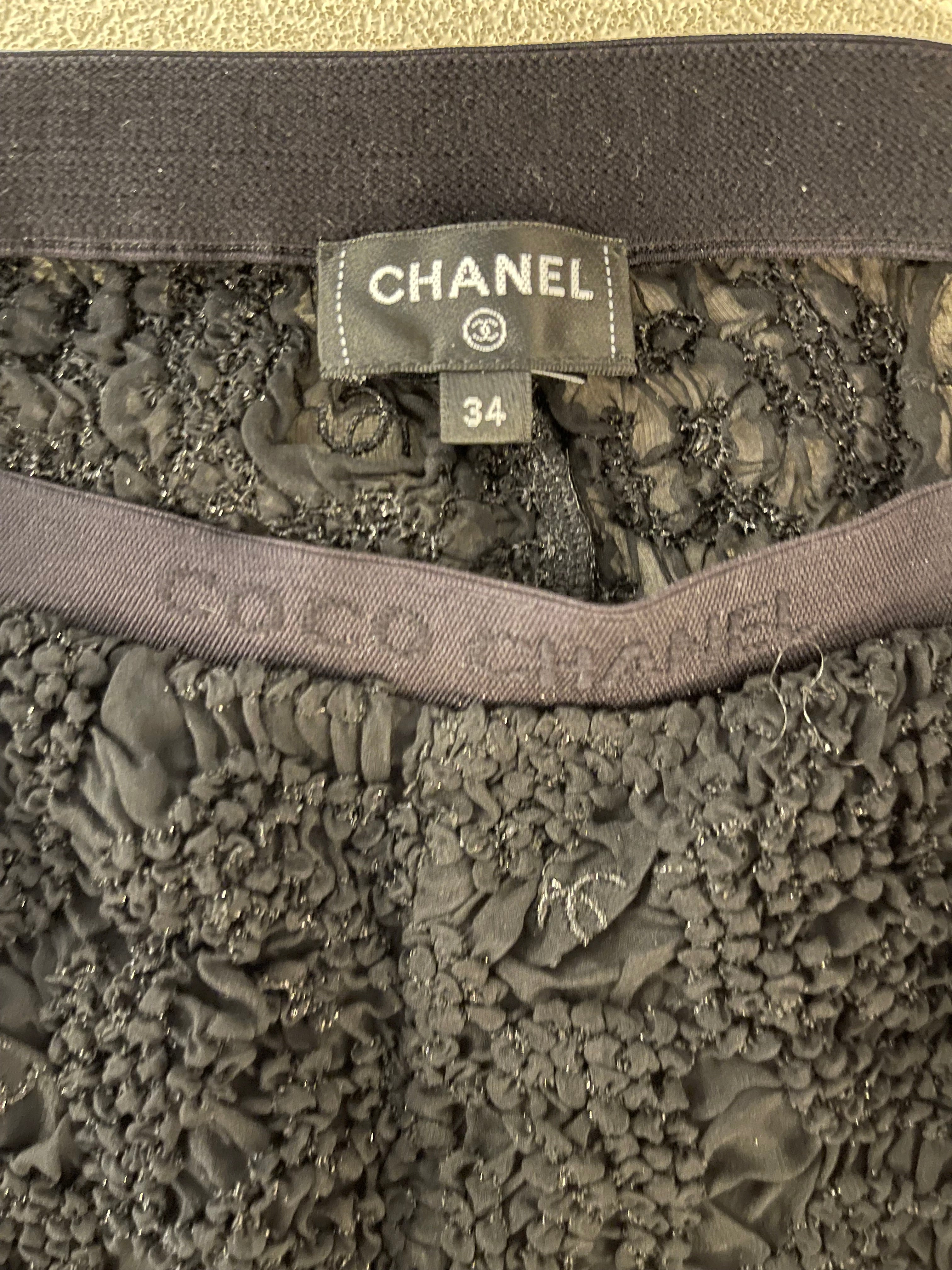 Chanel Black Lace Tulle Top and Cyclist Shorts Set with Camellia Details and Crystal CC Logos Size FR 34 (UK 6)
