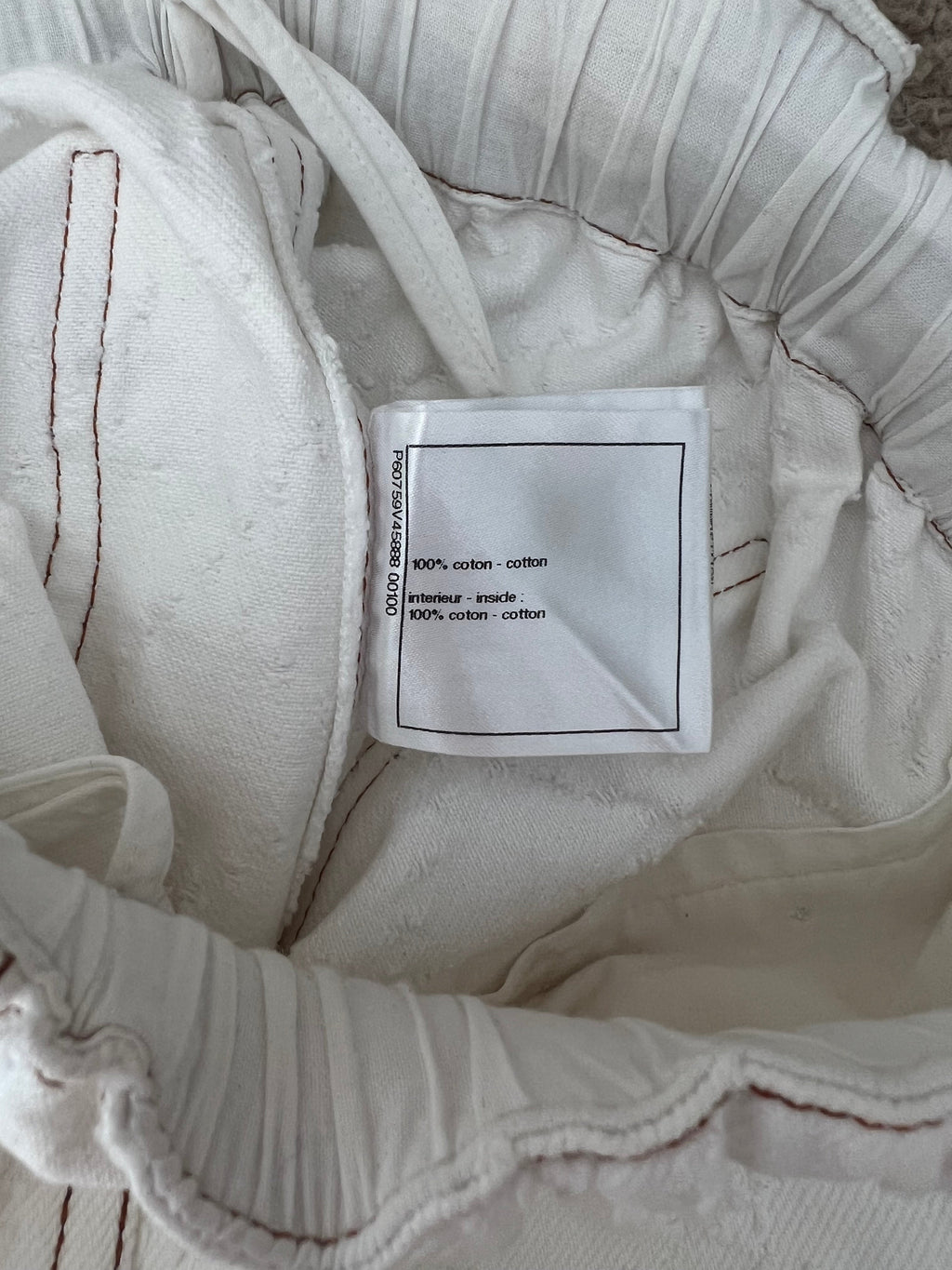 Chanel White Quilted Straight Leg Jeans with Brown Accents and Waist Ties and 31 Rue Cambon CC Logo Detail Size FR 34 (UK 6)